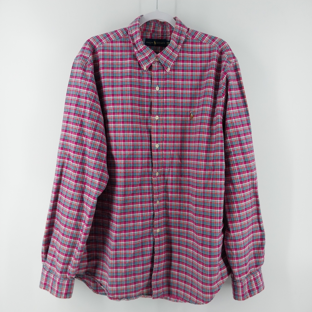 Ralph Lauren Men's Pink and Blue Plaid Checkered Shirt Size XXL